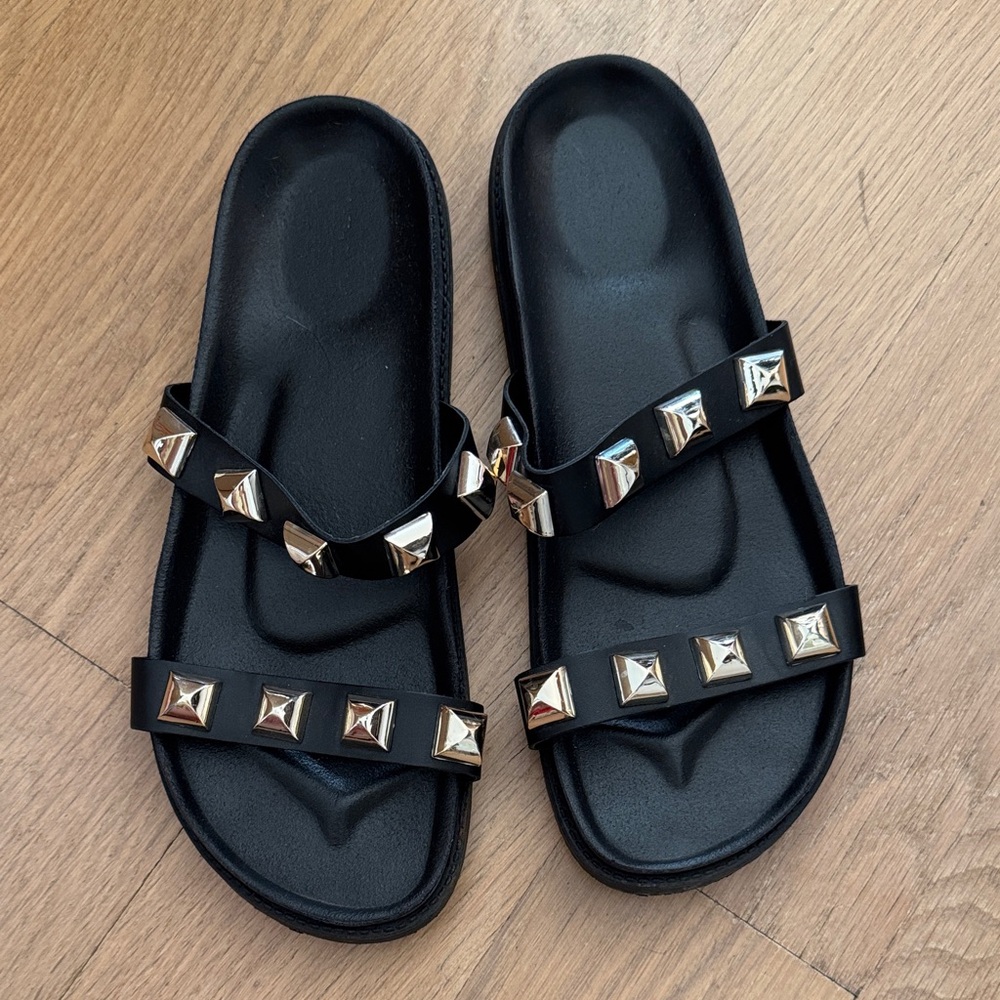 Black Slide Sandals with Silver Studs